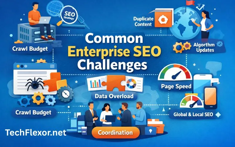 Infographic illustrating common enterprise SEO challenges, including crawl budget, duplicate content, page speed, global SEO, and data overload.