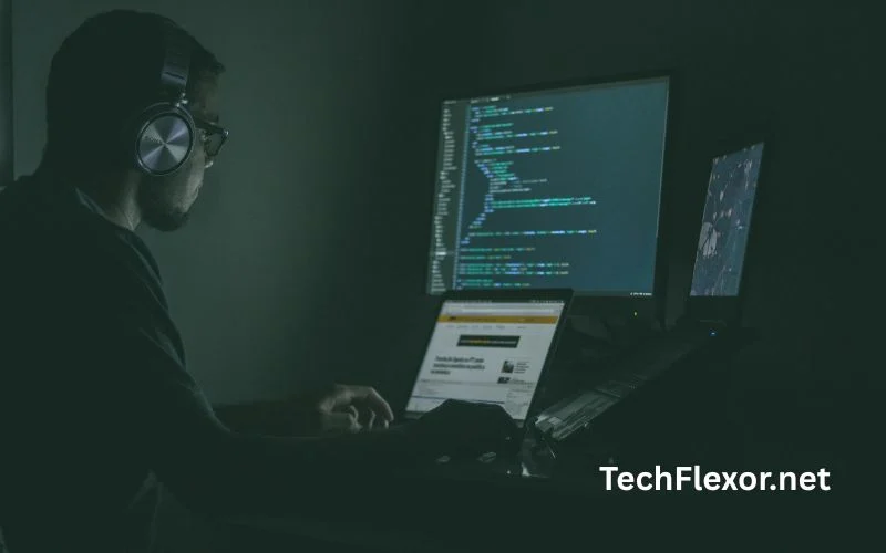 A man in a dark room doing his work on his computer and LCD screen about sec-100.