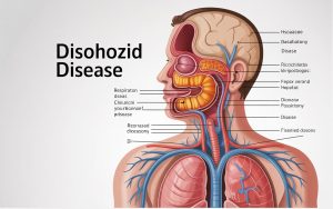 Medical illustration showing a cross-section of human organs affected by the fictional Disohozid Disease, highlighting respiratory and circulatory systems with labeled disease progression.