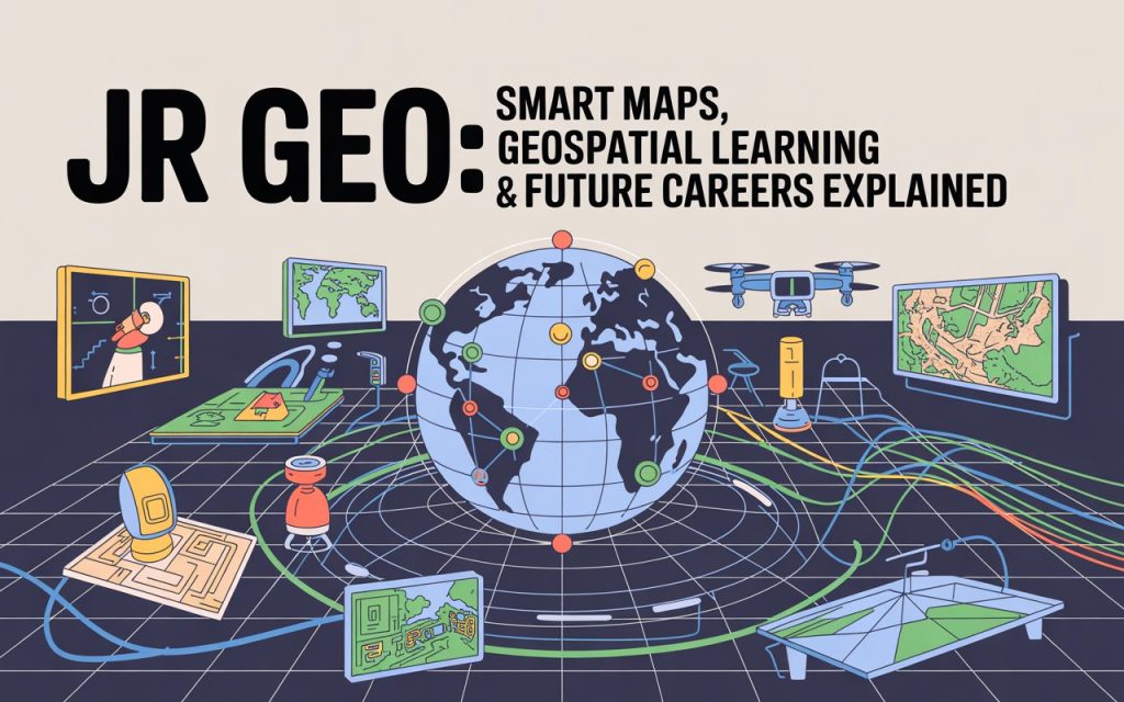 JR Geo digital globe infographic explaining geospatial technology and career paths
