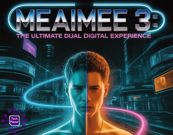 A cyberpunk-style movie poster for Meaimee 3 displaying a split digital avatar, glowing data streams, and metallic neon typography symbolizing a dual digital experience.