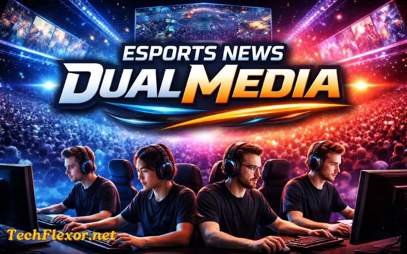 Esports News DualMedia banner showing pro esports players at gaming stations with audience in background