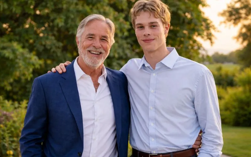 Jasper Breckenridge Johnson standing with his father outdoors at sunset, both smiling warmly, with the father wearing a navy blazer and the son in a light blue shirt, showing a close and affectionate bond.