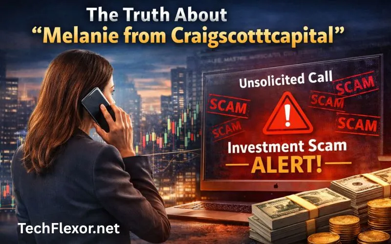A woman talks on the phone while a screen displays an investment scam alert related to Melanie from Craigscottcapital and unsolicited financial calls.