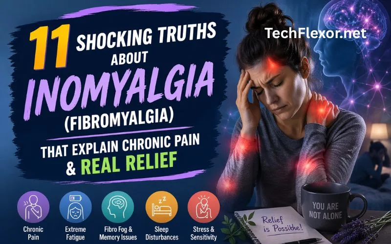 Woman holding her head and neck in pain with highlighted pressure points, representing Inomyalgia (Fibromyalgia), chronic pain, fatigue, and nerve sensitivity.