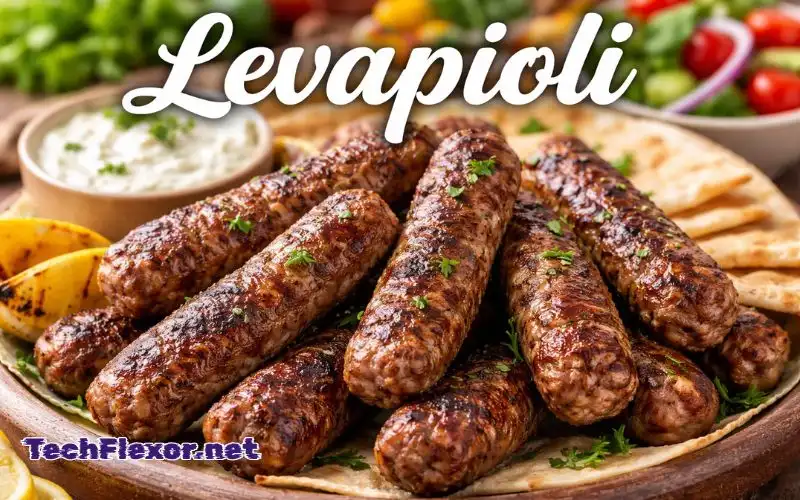 Levapioli grilled meat sausages served with pita bread, yogurt dip, and fresh salad showing smoky texture