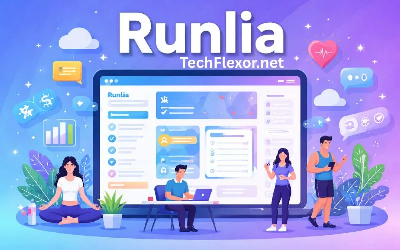 Illustration of Runlia platform dashboard with users collaborating, fitness icons, and productivity tools on a digital screen labeled “Runlia”.