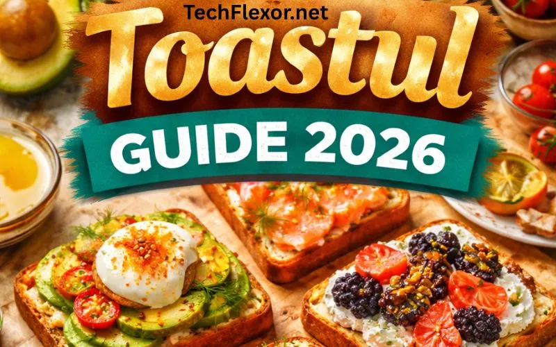 Colorful Toastul Guide 2026 image featuring gourmet toasted bread with avocado, eggs, salmon, fruits, and bold title text.