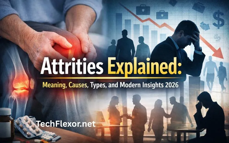 Attrities explained concept image showing joint pain in knee on one side and business workforce decline with stressed employees on the other side.