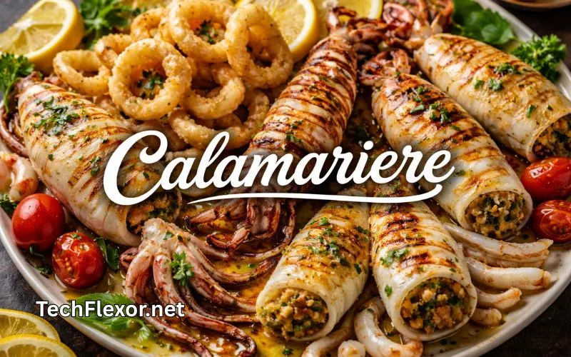 Calamariere platter featuring grilled stuffed squid, crispy fried rings, cherry tomatoes, and lemon slices with herbs