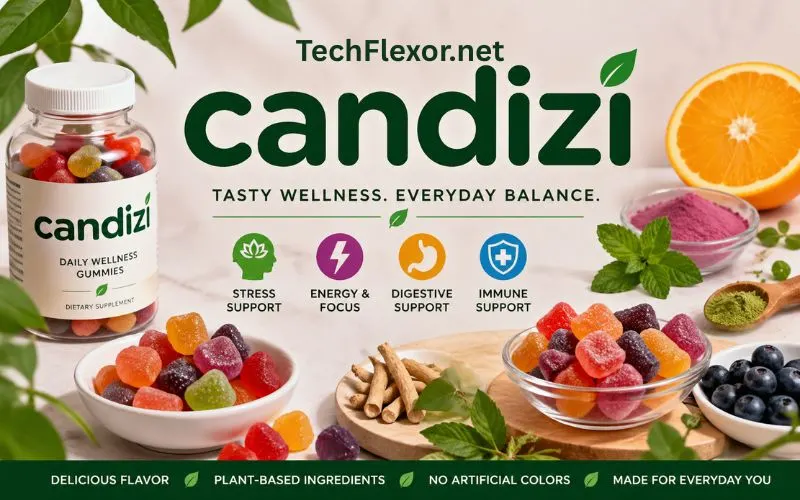 Candizi wellness gummies display with colorful candies, fruits, herbs, and health benefit icons for stress, energy, digestion, and immune support.