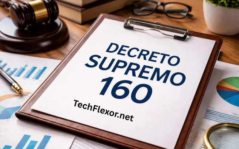 Clipboard on a desk displaying “Decreto Supremo 160” with legal tools, charts, and documents representing compliance and regulation.