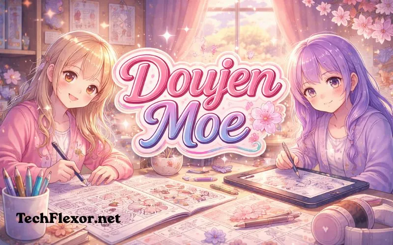 Anime-style illustration showing two girls creating manga art at a desk with the title “Doujen Moe” in soft pastel colors, representing fan-made creativity and moe aesthetic.