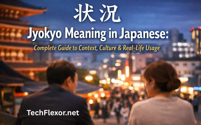 Jyokyo meaning in Japanese concept showing people observing a situation with traditional and modern Japan background.