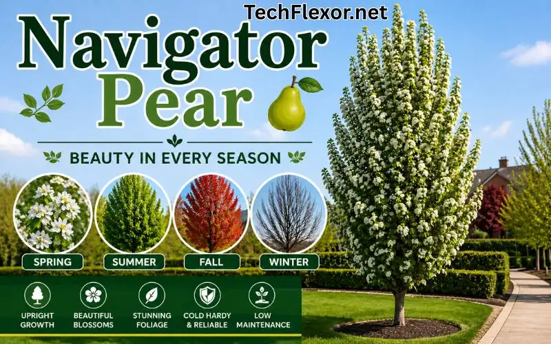Navigator Pear ornamental tree with upright shape, white spring blossoms, seasonal foliage, and landscaped garden background