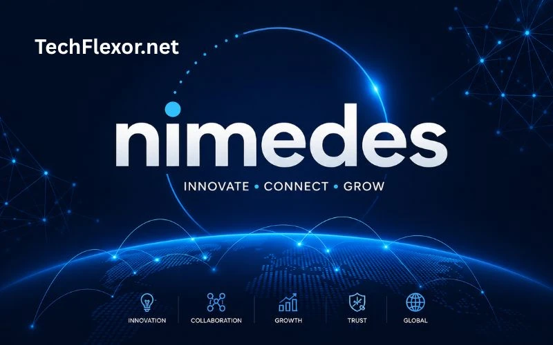 Futuristic digital branding image with glowing globe and network lines featuring the word “nimedes” representing innovation, global connectivity, and modern brand identity.
