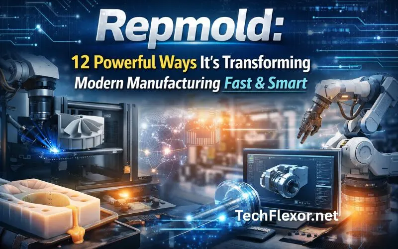 Repmold modern manufacturing concept showing 3D printing molds, robotic arms, and digital design for fast and smart production.