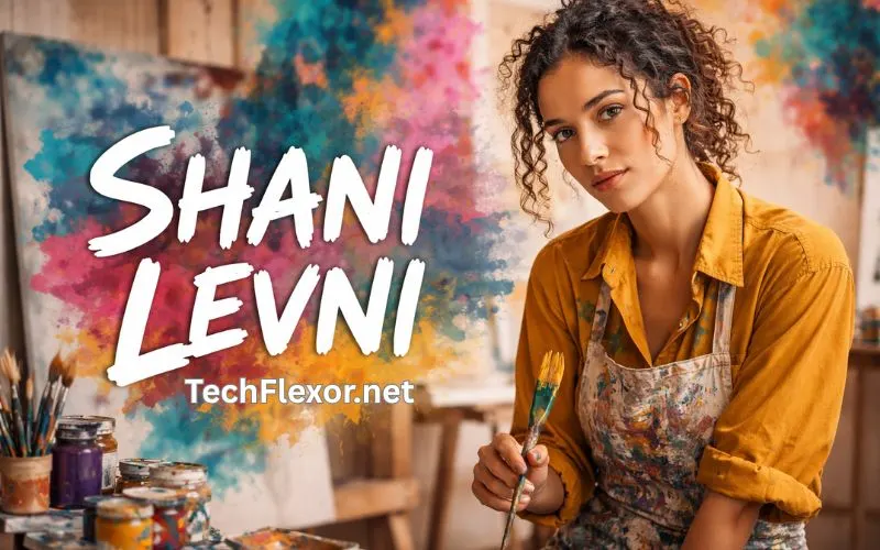 A young female artist in a studio holding a paintbrush with colorful abstract artwork behind her and the text “Shani Levni” displayed prominently.