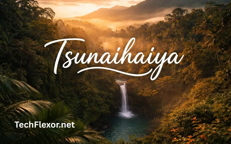 Tsunaihaiya text over tropical waterfall with lush forest, golden sunrise light, and misty mountains landscape