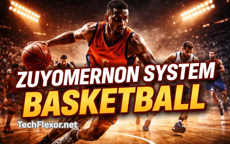 Zuyomernon system basketball concept showing a player dribbling on a bright court with bold text and intense game action