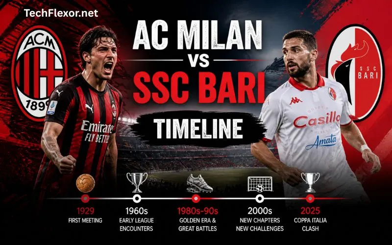 AC Milan vs SSC Bari timeline poster showing two football players, club logos, and key match milestones from 1929 to 2025.