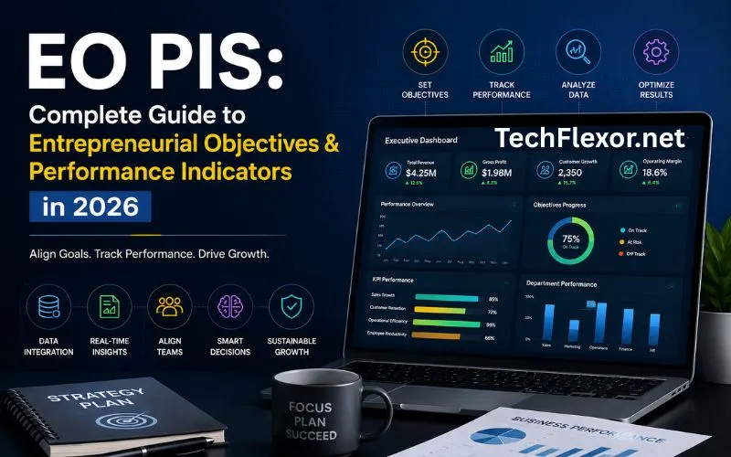 EO PIS executive dashboard illustration showing business analytics, KPI metrics, and performance tracking on a laptop screen with strategic icons.