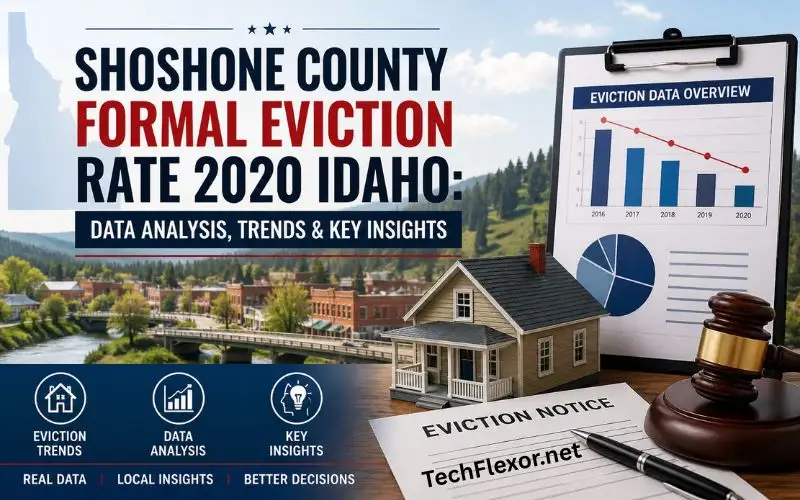 Infographic showing Shoshone County formal eviction rate 2020 Idaho with charts, house model, eviction notice, and legal gavel representing housing data analysis.