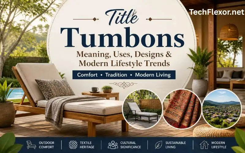 Modern outdoor patio scene featuring a wooden tumbons reclining lounger with cushions, greenery, and decorative textiles, with the title “Tumbons Meaning, Uses, Designs & Modern Lifestyle Trends” displayed prominently.